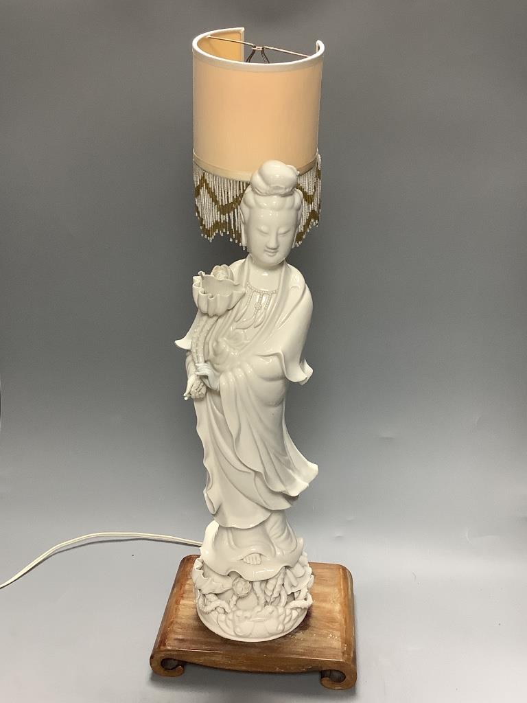 A blanc de chine geisha modelled as a lamp, height overall 57cm